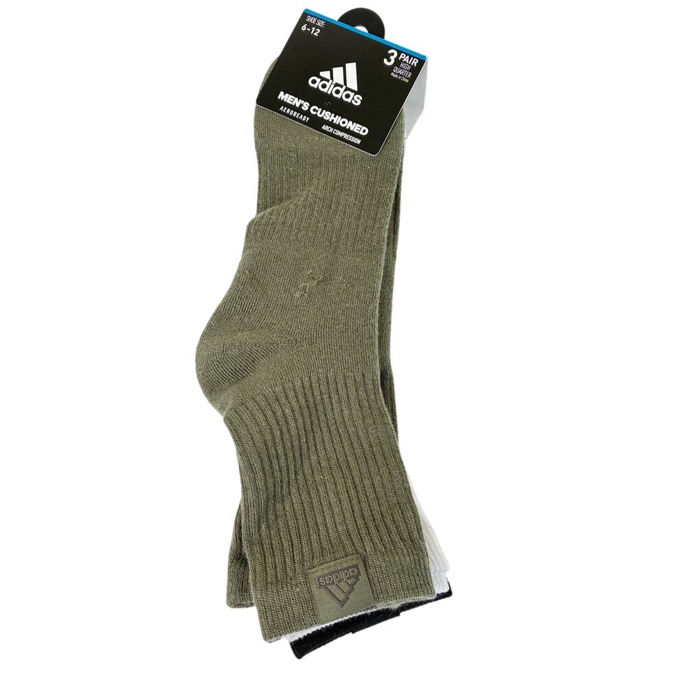 Adidas 3 Pair High Quarter Mens Cushion Socks- Black, White, Green NWT Sz 6-12